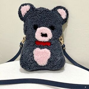 Gray Teddy Bear Purse, Handmade Colorblock Real Shearling Crossbody/Phone Pouch